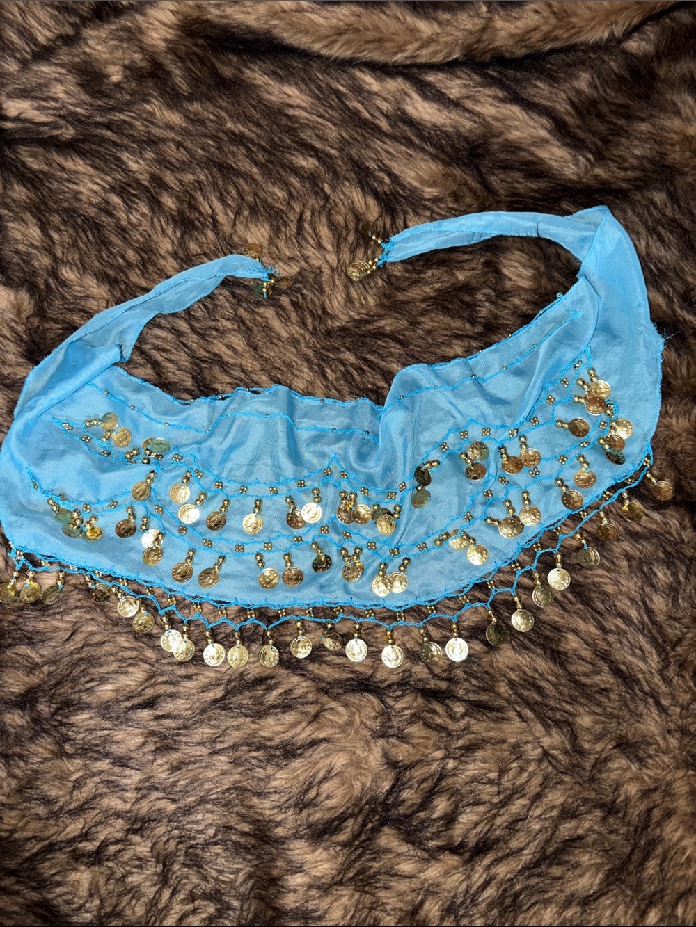 Light Blue Gold Tone Coin Fringe Belly Dance Hip Scarf